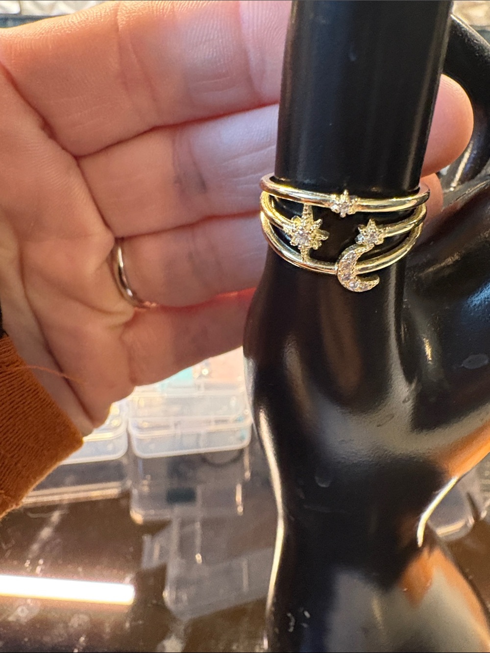 Gold Celestial Stacking Ring Set with Star & Crescent - Picture 6 of 6